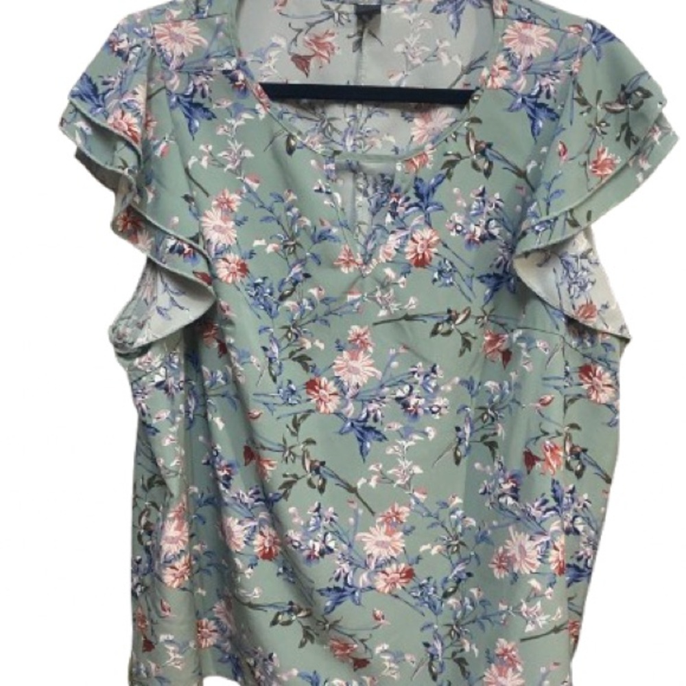 Plus Size Blouse Curve Floral Ruffle Sleeve Blouse - Green and Pink